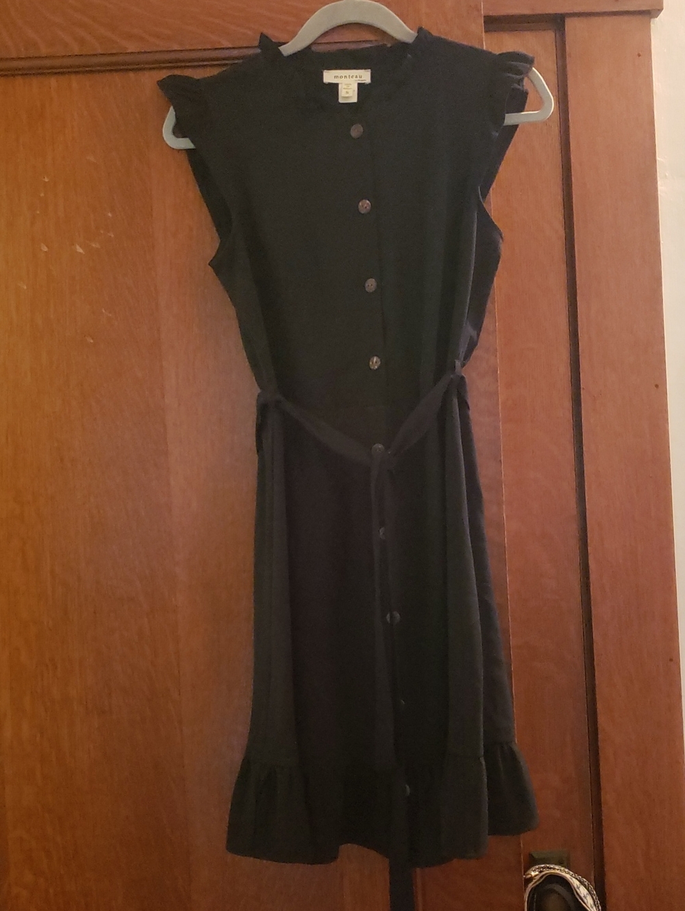 Monteau Black Sleeveless Button-Front Midi Dress with Tie Waist and Ruffle Hem